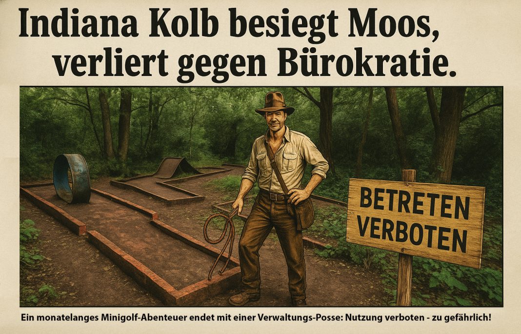 Karikatur. Indiana Kolb besiegt Moos, verliert gegen Bürokratie