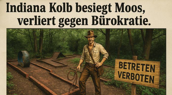 Amtsschimmel auf Bahn eins Karikatur. Indiana Kolb besiegt Moos, verliert gegen Bürokratie
